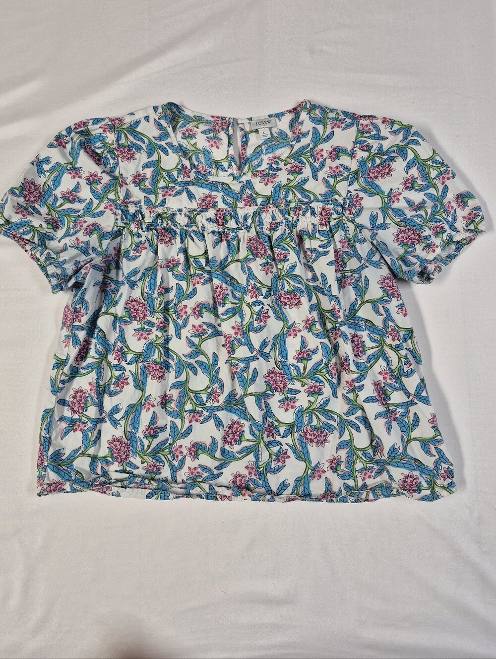 J. Crew BR635 White & Blue Bright Floral Puff Sleeve Blouse Womenβs Size Large